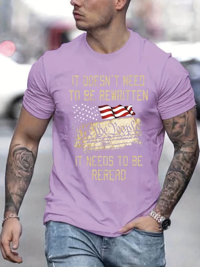American Flag & Slogan Pattern Print Men's T-shirt, Graphic Tee Men's Summer Clothes, Men's Outfits