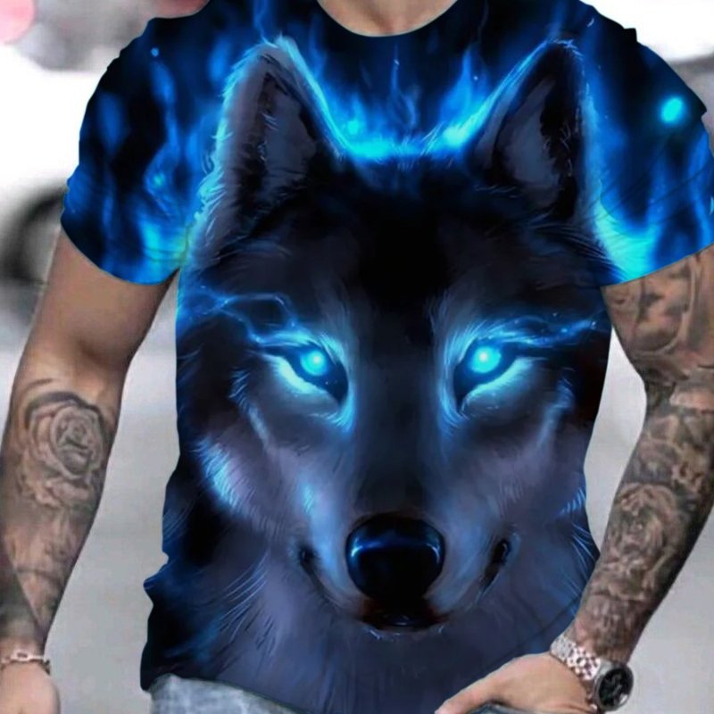 3D Print Blue Wolf Men's T-shirt For Summer Outdoor, Casual Slightly Stretch Crew Neck Tee Short Sleeve Graphic Stylish Top