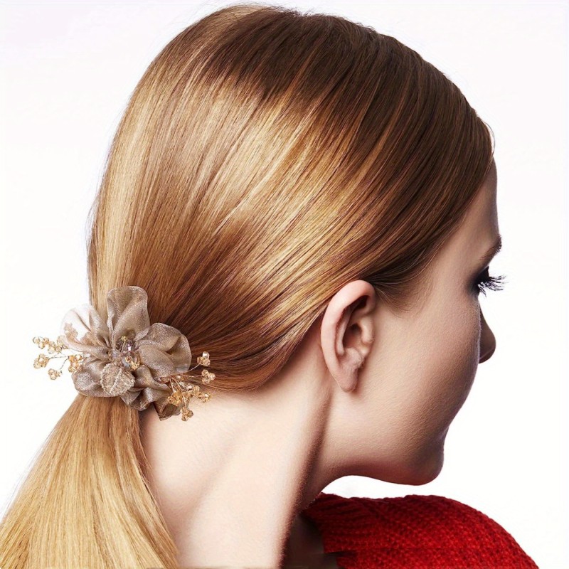 Organza Flower Scrunchies Hair Tie Zircon Glitter Hair Tie Elegant Hair Accessories For Women Girls Ponytail Holder Hair Tie