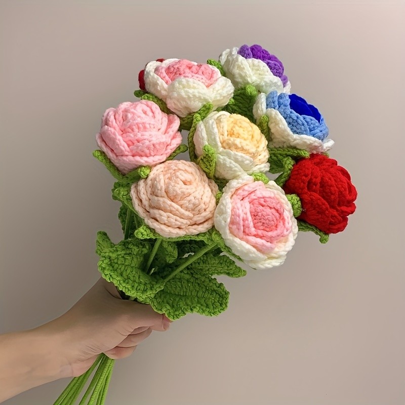 1pc, Fabric Artificial Plant, Rose Woven Bouquet, Fake Flower, Creative Handmade Bouquet Finished, Hand Hook Flower Crochet Crochet Woolen Woven Flower, Gift For Bestie Mother Teacher, Creative Gift
