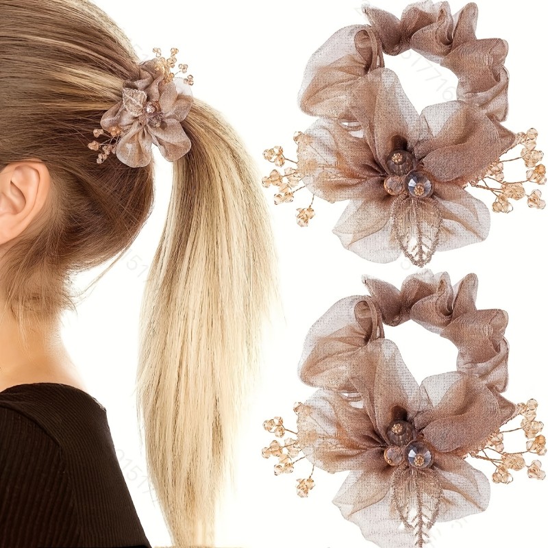Organza Flower Scrunchies Hair Tie Zircon Glitter Hair Tie Elegant Hair Accessories For Women Girls Ponytail Holder Hair Tie