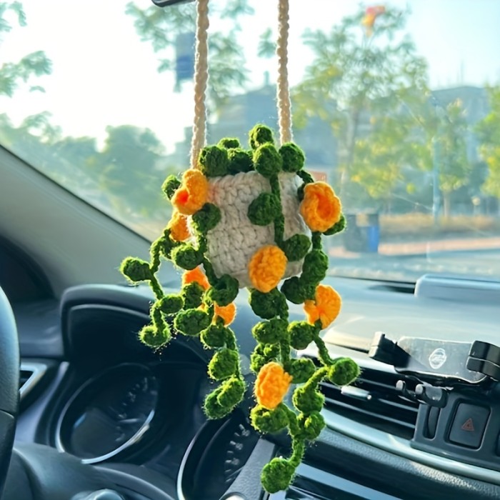New Style Car Pendant Hand Crochet Hanging Orchid Potted Plant Wool Pendant Car Creative Pendant