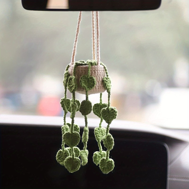 Boho Car Plant Crochet Hanging Basket, Hanging Plant For Car Decor, Car Accessories, Car Ornament Rear View Mirror Accessories Car Ornament