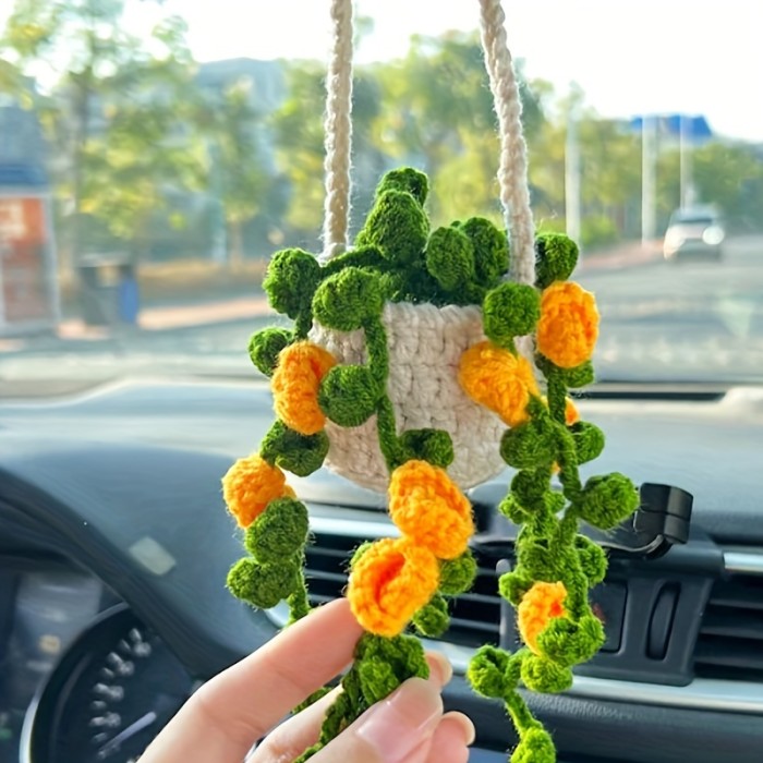 New Style Car Pendant Hand Crochet Hanging Orchid Potted Plant Wool Pendant Car Creative Pendant