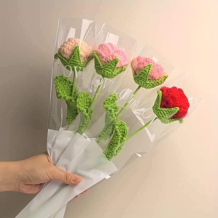 1pc, Fabric Artificial Plant, Rose Woven Bouquet, Fake Flower, Creative Handmade Bouquet Finished, Hand Hook Flower Crochet Crochet Woolen Woven Flower, Gift For Bestie Mother Teacher, Creative Gift