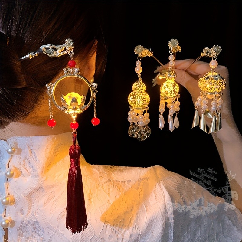 1PC Ancient Style Hairpin Glowing Lantern Pendant Hair Stick Ponytail Holder Hair Accessories For Women