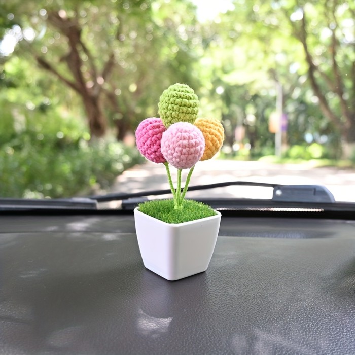1pc Handmade Crocheted Balloon Bonsai, Cute Car Interior Dashboard Decor Accessory, Center Console Ornaments, Creative Gifts Idea, Desktop Decor