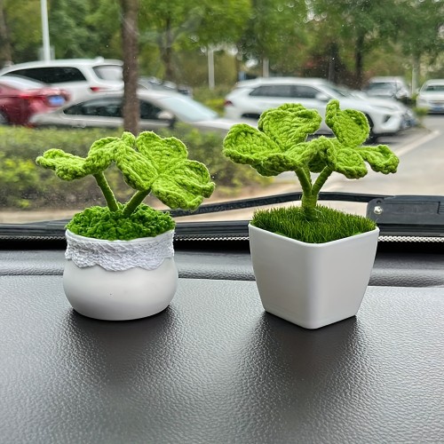 Crochet Clover Potted Plants,Car Interior Center Console Ornaments,Handmade Gifts For Her,Amigurumi Car Dashboard Decor Accessory,Office Desktop Decor