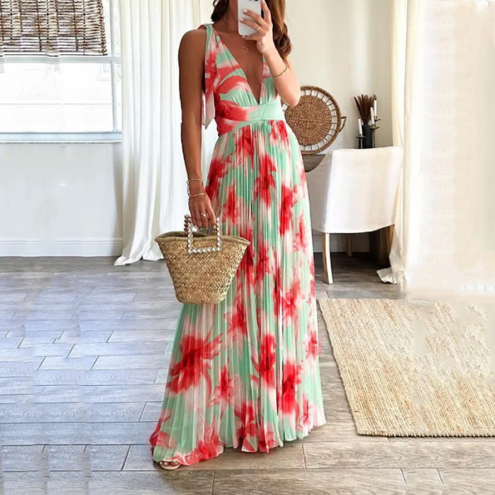 Fashion Sexy Deep V Backless Printed Party Pleated  Maxi Dress