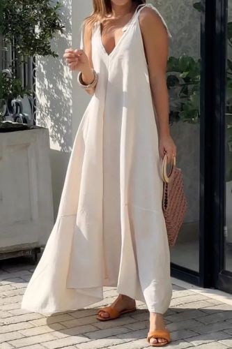 Women's Loose Holiday Beach Solid Color Sleeveless V Neck Tie Maxi Dress