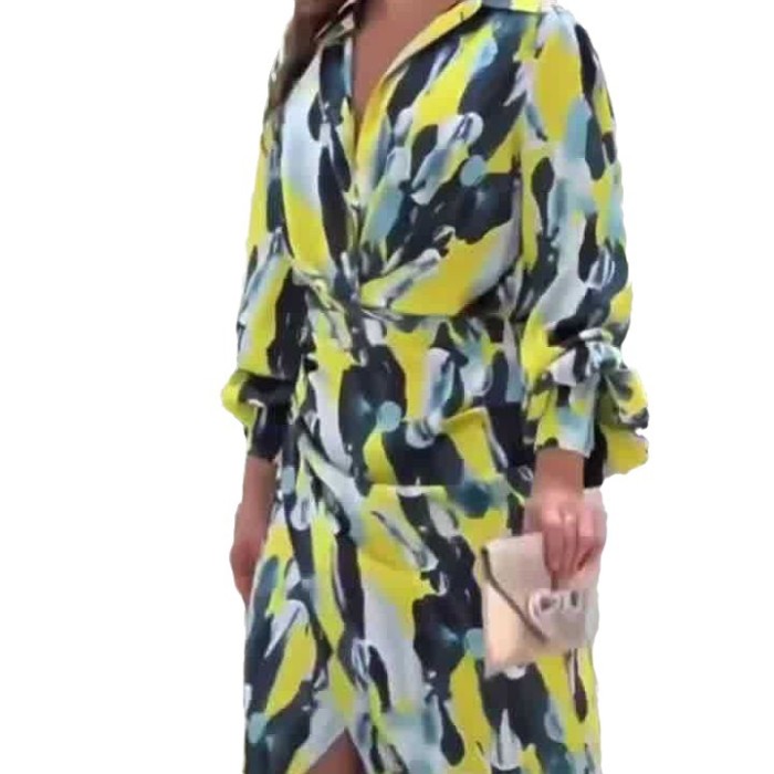 Fashion Home Casual Print Elegant Long Sleeve Deep V Neck Midi Dress