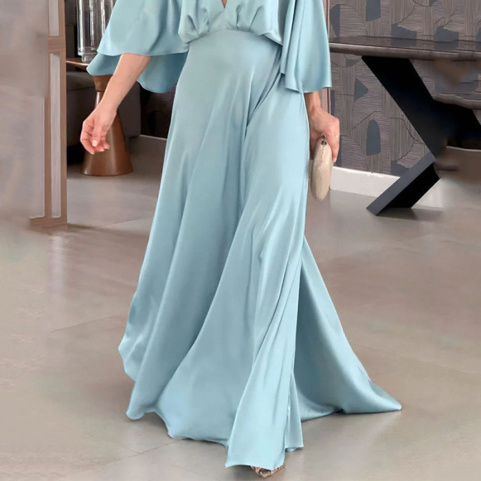 Fashion Casual Solid Color V Neck Flared Half Sleeves Loose Pleated Maxi Dress
