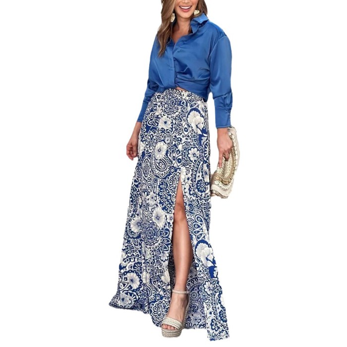 Women's Fashion Temperament Lapel Floral Print Slit Skirt Casual Two Pieces  Suit
