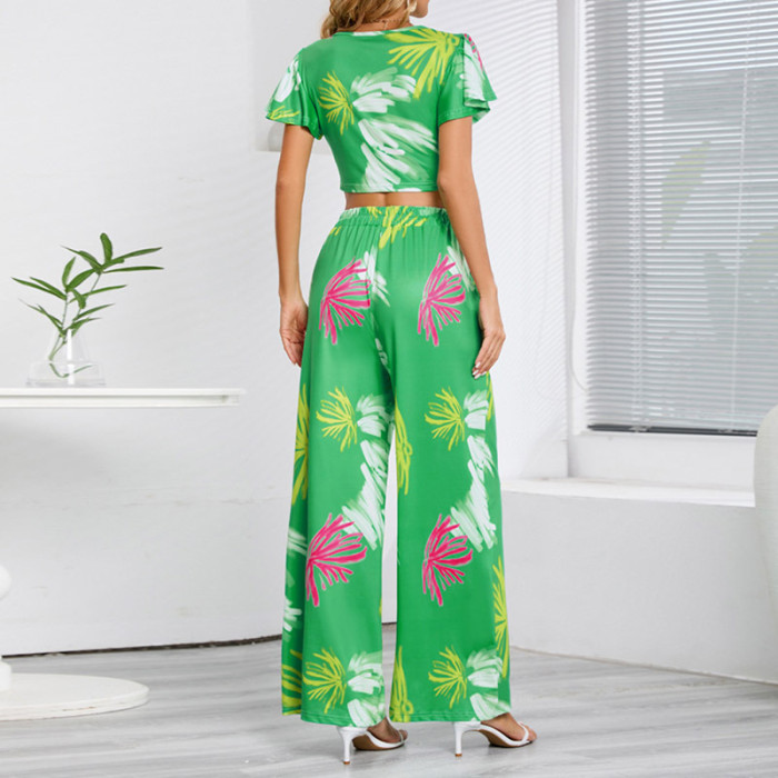 Women Fashion Elegant Casual Floral Print Cropped Tie Wide Leg Pants Two Pieces Set