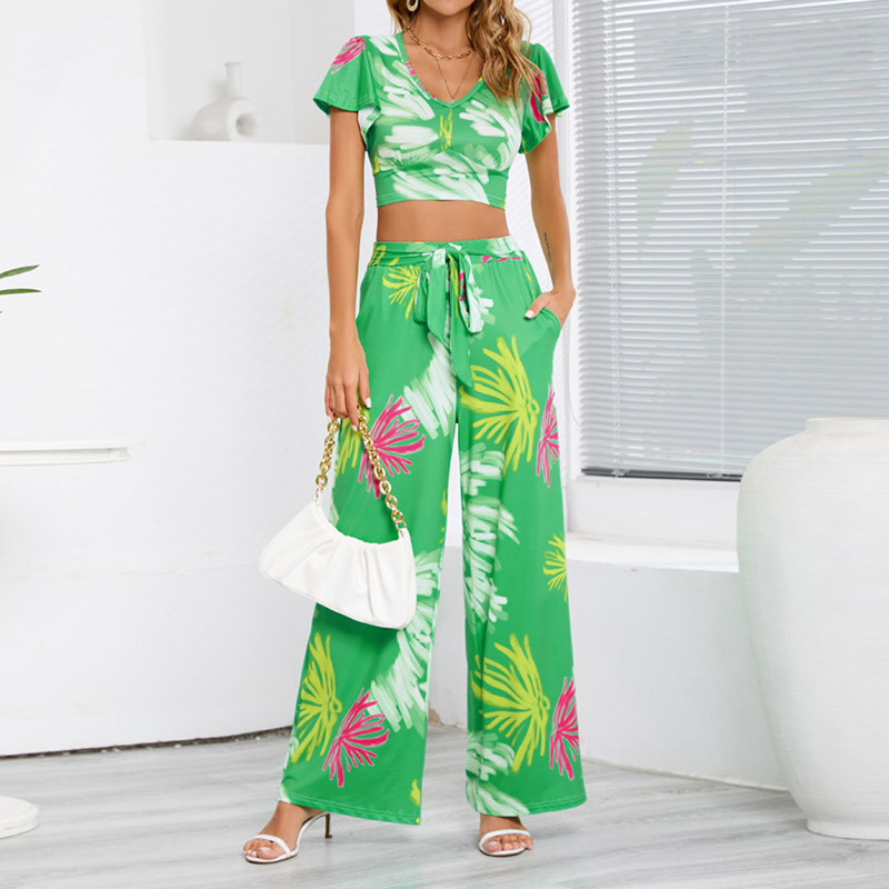 Women Fashion Elegant Casual Floral Print Cropped Tie Wide Leg Pants Two Pieces Set