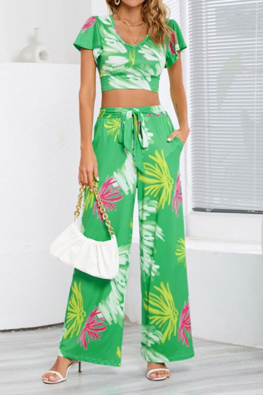 Women Fashion Elegant Casual Floral Print Cropped Tie Wide Leg Pants Two Pieces Set