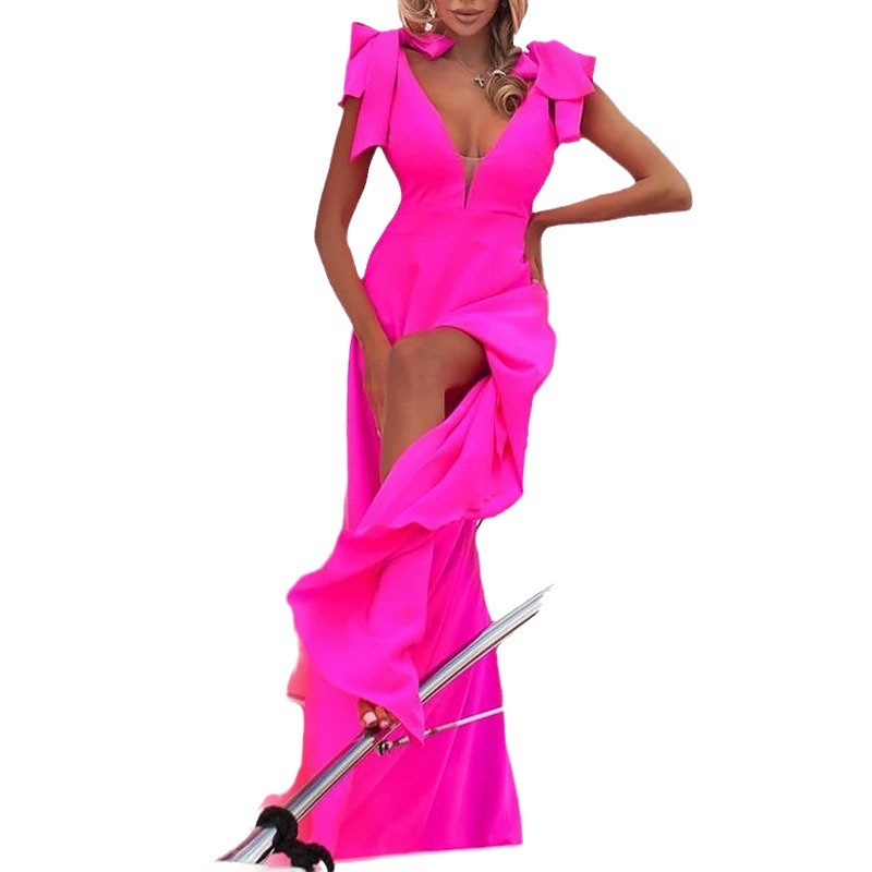 Fashion V-neck Silk Slit Party Maxi Dress main image 0