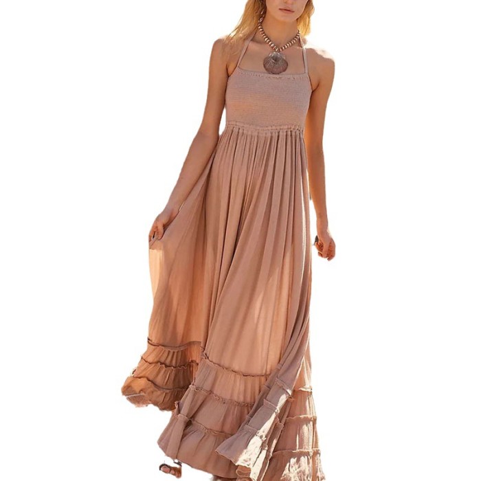 Women Fashion Casual Backless Solid Color Loose Maxi Dress