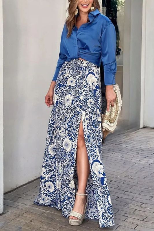 Women's Fashion Temperament Lapel Floral Print Slit Skirt Casual Two Pieces  Suit