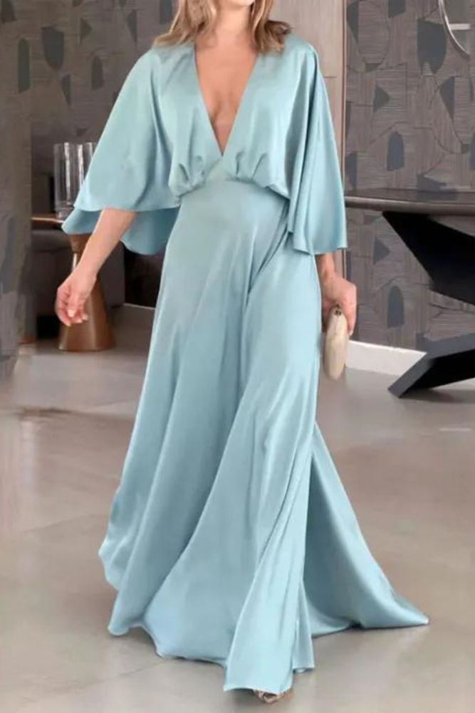 Fashion Casual Solid Color V Neck Flared Half Sleeves Loose Pleated Maxi Dress