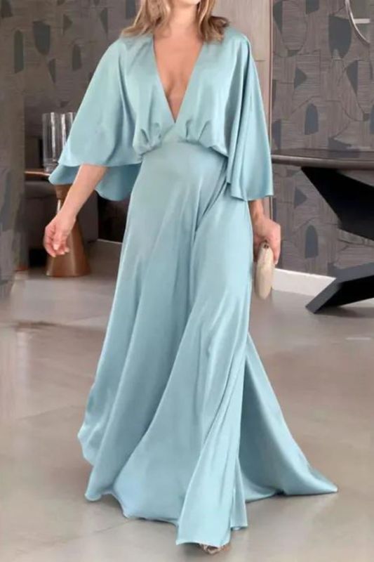 Fashion Casual Solid Color V Neck Flared Half Sleeves Loose Pleated Maxi Dress