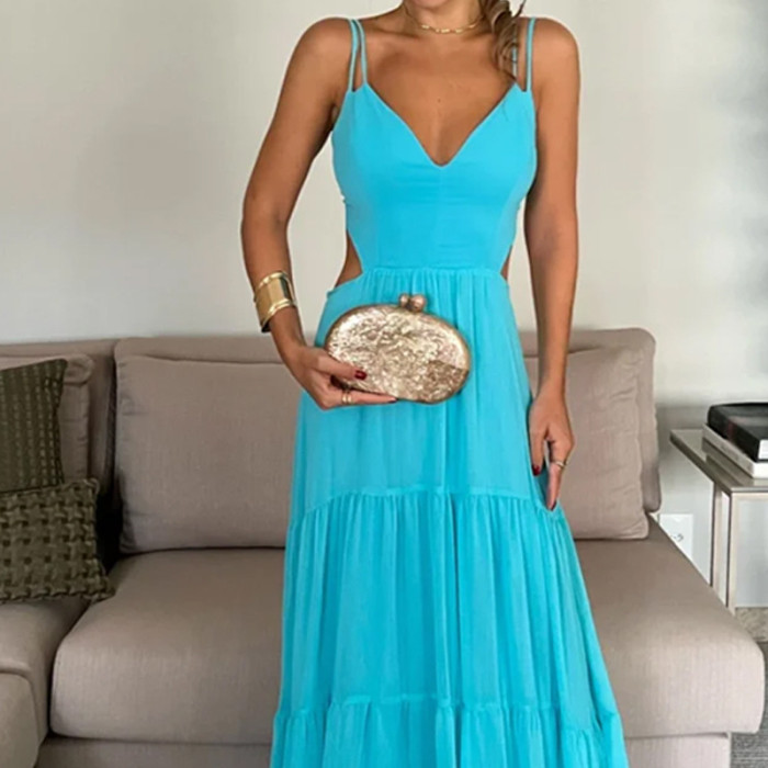 Women's Fashion Casual Elegant Sling Loose Solid Color  Maxi Dress