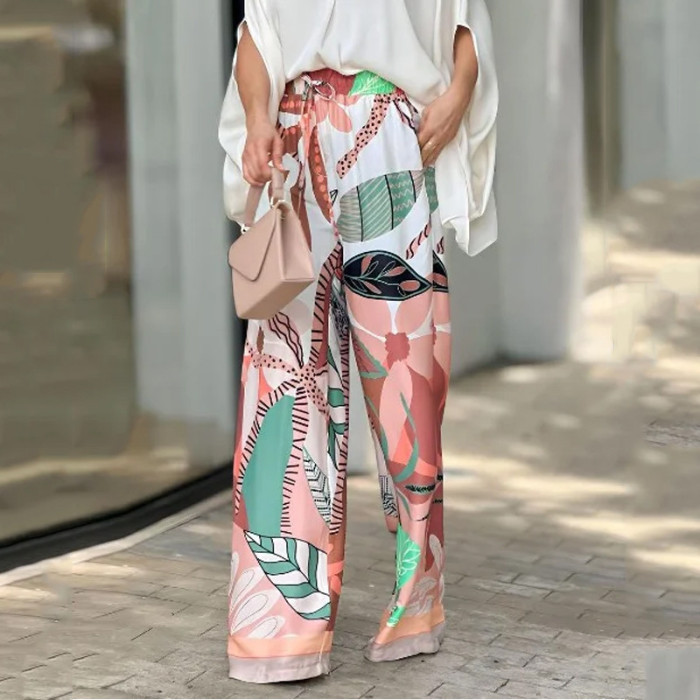 Fashion V-Neck Dolman Sleeve Print High Waist Wide Leg Pants Set