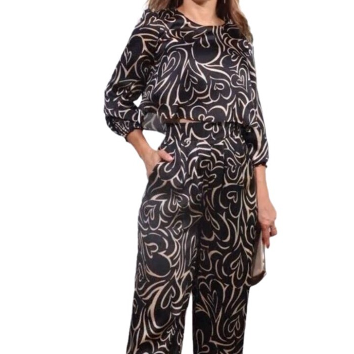 Elegant Fashion Geometric Print Long Wide Leg Pants  Two Pieces Set