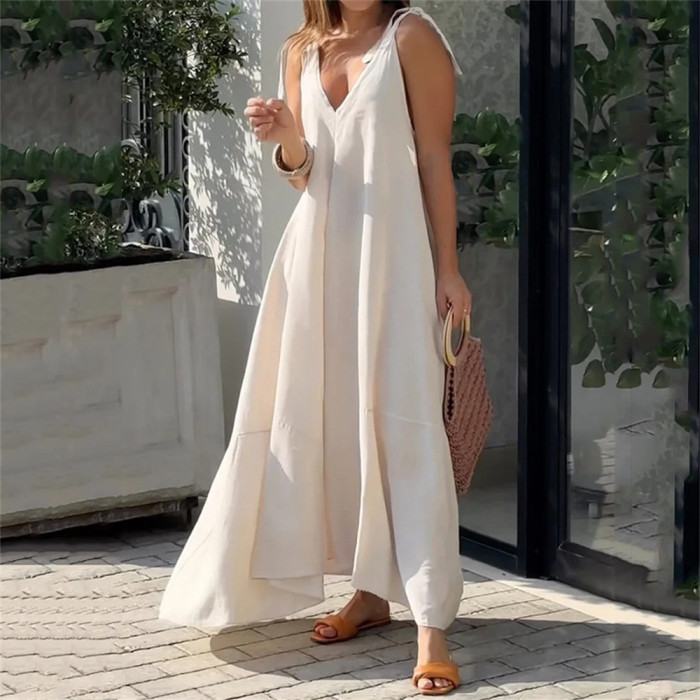 Women's Loose Holiday Beach Solid Color Sleeveless V Neck Tie Maxi Dress