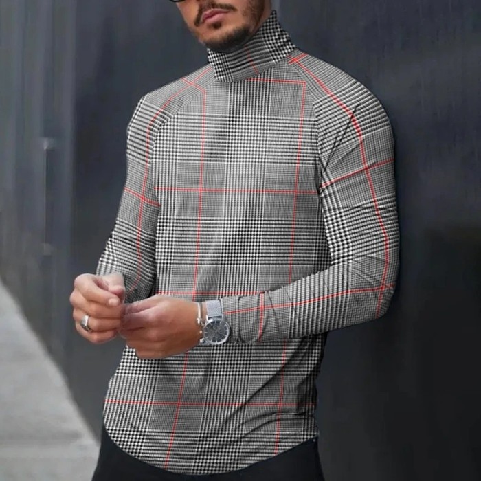 Men's Long Sleeve Fashion Slim Check T-Shirt