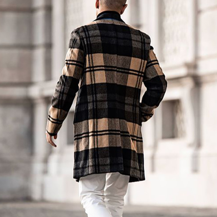 Men's Fashion Plaid Wool Slim Mid-length Casual Coat Jacket