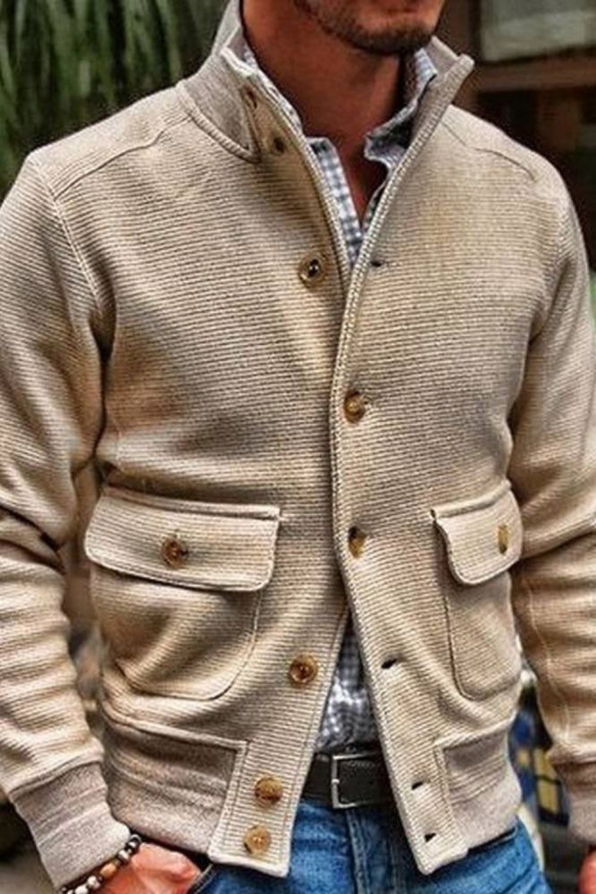 Autumn Winter Jacket Men's Fashion Stand Collar Solid Color Casual Jacket