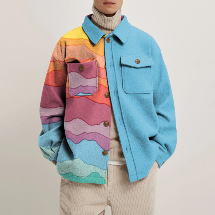 Men's Coat Autumn Colorful Geometric Pattern Lapel Breasted Coat