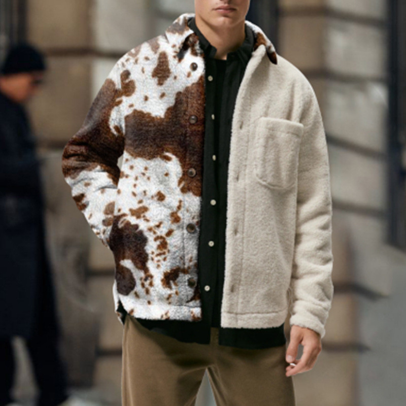 Fashion Printed Wool Top Men's Casual Loose Plush Coat