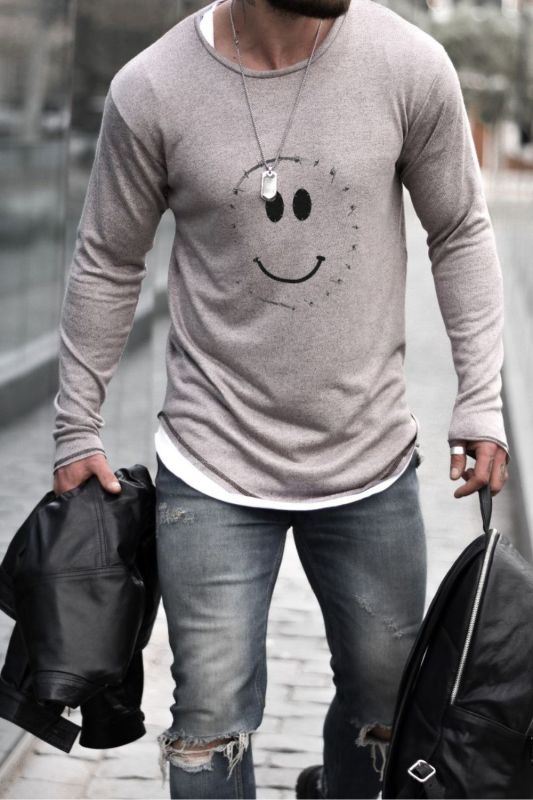 Fashion Casual Long Sleeve Cotton T-Shirt Smile Print Men Tops