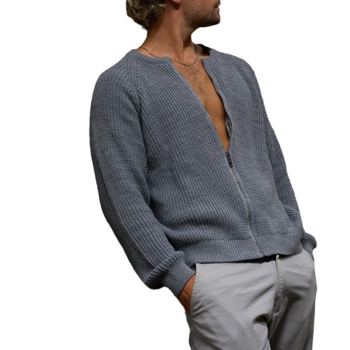 Men's Solid Color Vintage Zipper Top Sweater Cardigan