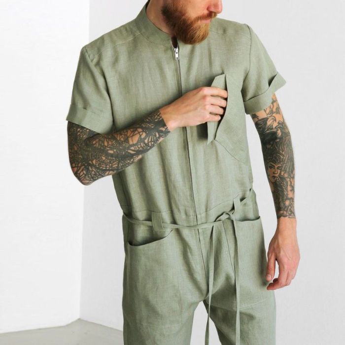 Men's Solid Color Short Sleeve Patch Pocket Zipper Stand Collar Casual Workwear Jumpsuit