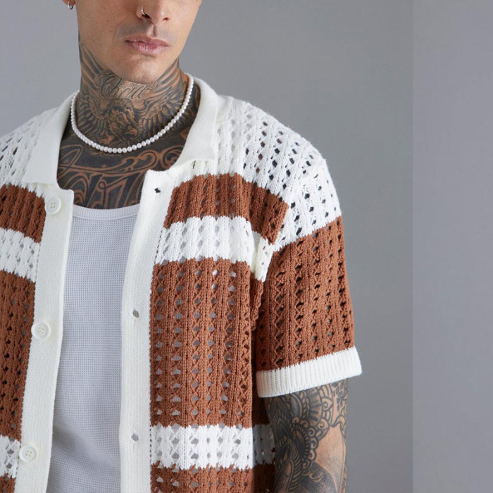 Men's Hollow Casual Slim Tops Fashion Knitted Short-sleeved Shirts