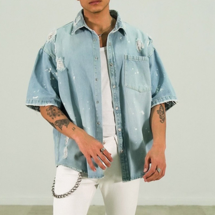 Men's Fashion Loose Stripe Casual Round Neck Short Sleeve Slim Fit Cardigan Shirt