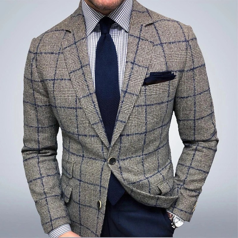 Men's Fashion Slim Plaid Casual Business Wear Stitching Vintage Formal Blazer