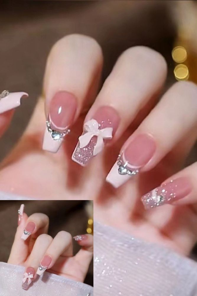 French Glitter Bowknot Handmade Wearable Nails Long Nail Art