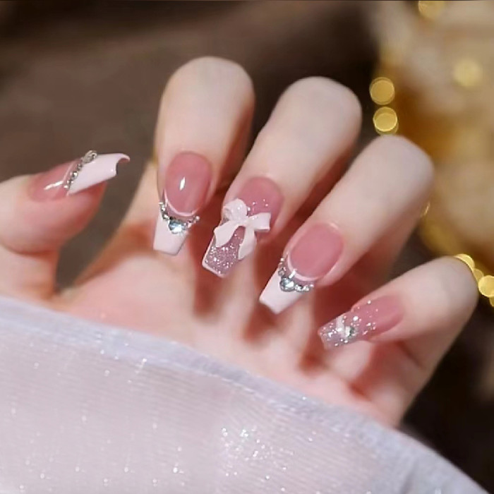 French Glitter Bowknot Handmade Wearable Nails Long Nail Art