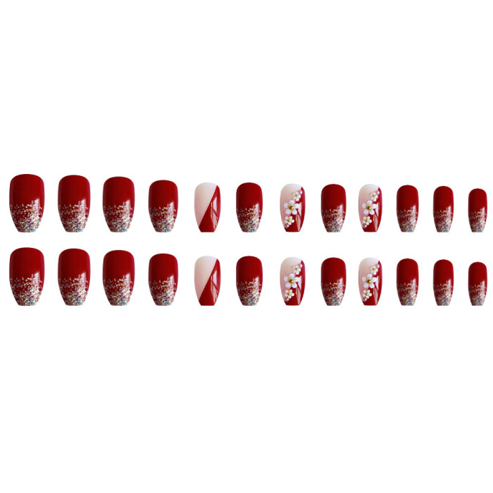 Three-dimensional Camellia Handmade Nail Short Wine Red Manicure