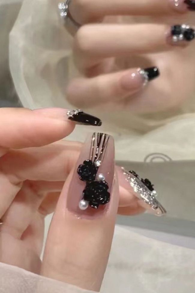 Fashionable and Exquisite Three-dimensional Embossed Camellia Wearable Long Nail Art