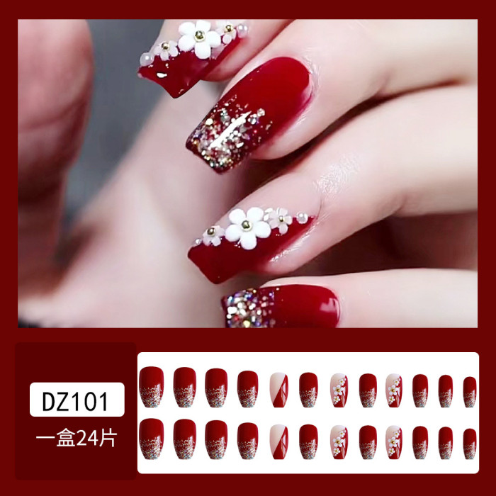 Three-dimensional Camellia Handmade Nail Short Wine Red Manicure