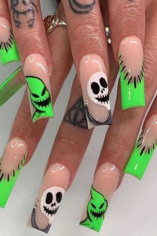 Green Ghost Skull Long T Fake Ballerina Wear Armor Halloween Nail Art Patches