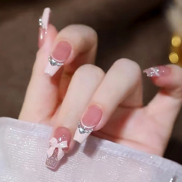 French Glitter Bowknot Handmade Wearable Nails Long Nail Art