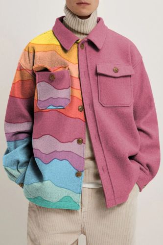 Men's Coat Autumn Colorful Geometric Pattern Lapel Breasted Coat