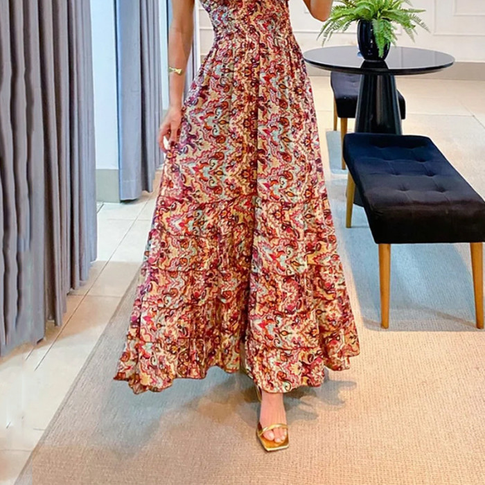 Women's Elegant Color Fashion Temperament V-neck Printed Ripple  Maxi Dress