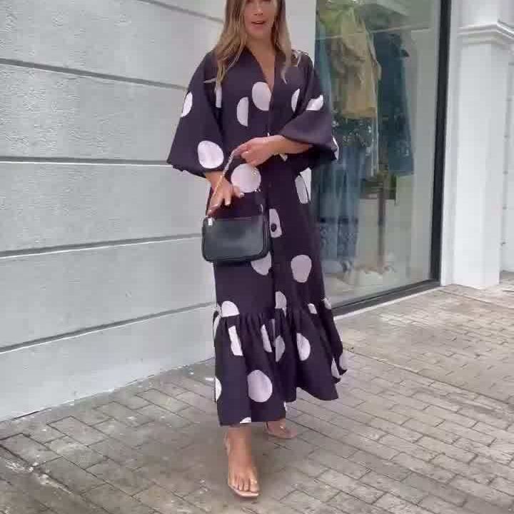 Women's Casual Loose Home Polka Dot Print Button  Maxi Dress